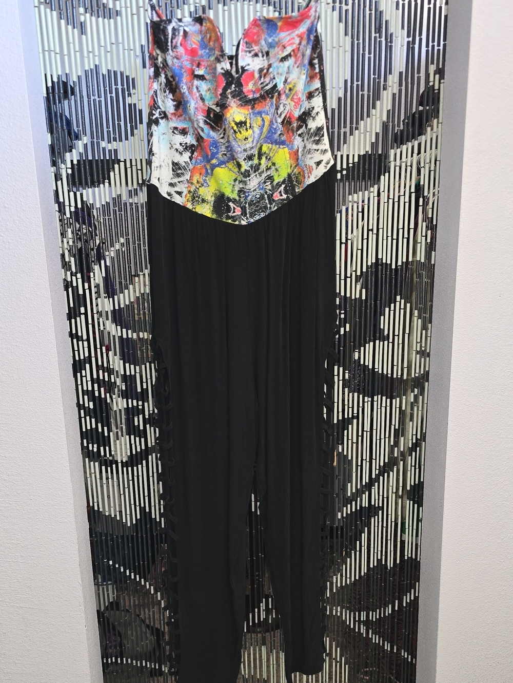 Motel Rocks Black Cutout Leg Jumpsuit with Multicolor Abstract Bodice Size L